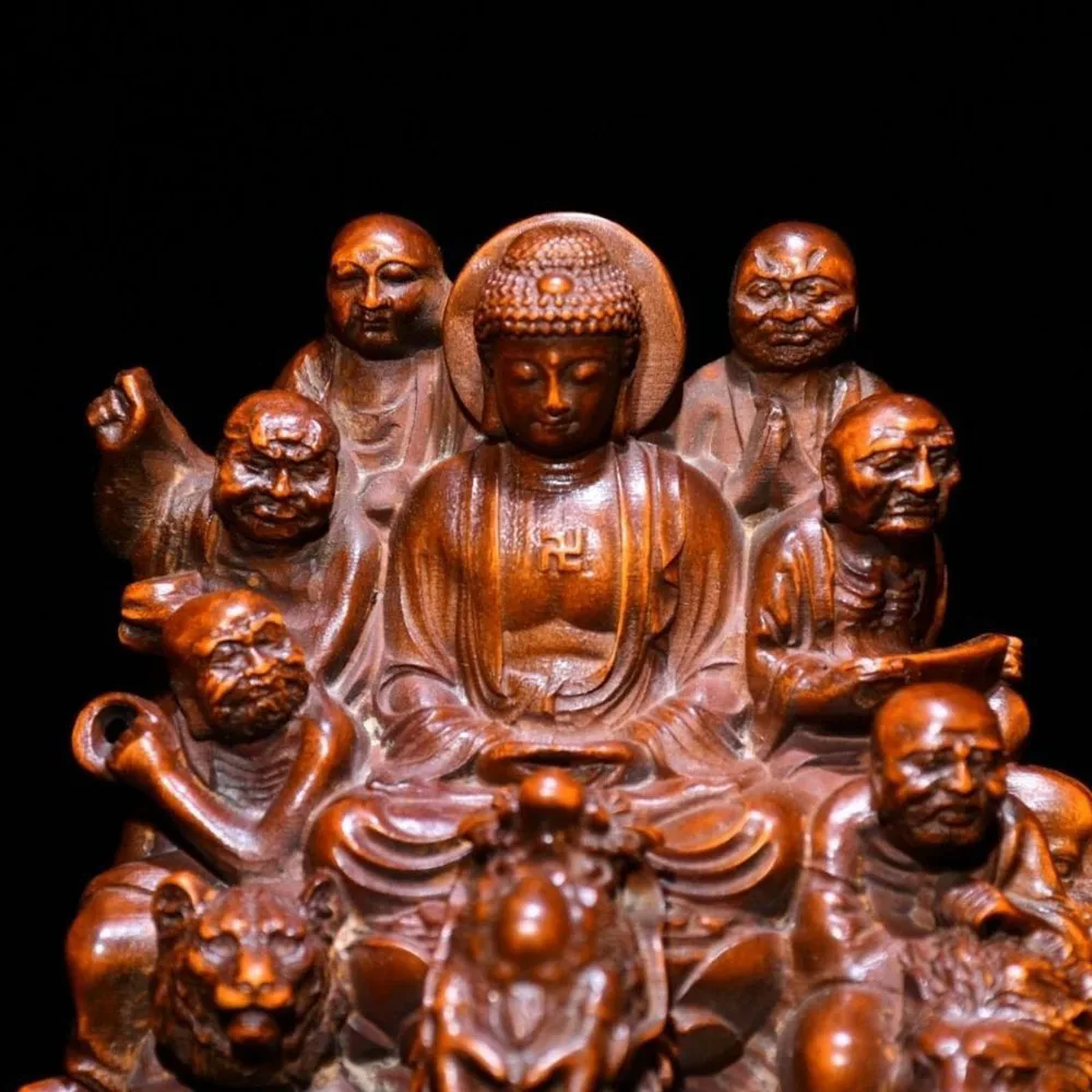 

JW48 -15CM Tall Eighteen Luohan Boxwood Sculpture Buddha and Tiger Wood Carving Living Room Collection Ornaments Birthday Gift