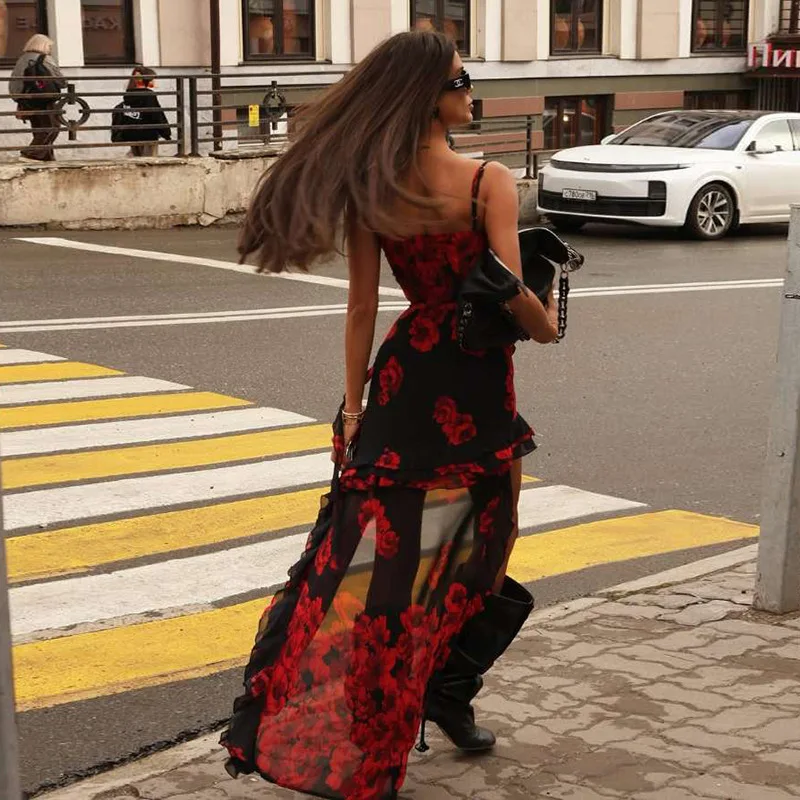 Sexy mesh off-shoulder backless printjurk streetwear rode slim-fit staartjurk trein clubwear feest prom vakantie maxi-jurk