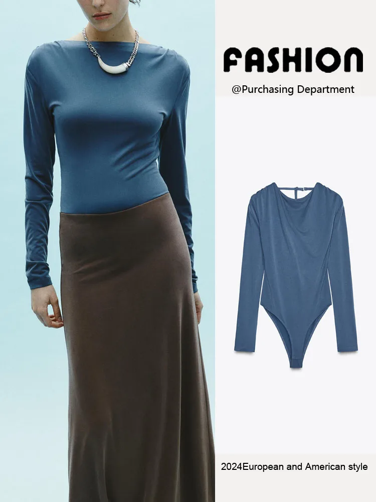 

Spring New Women's Fitted One-Piece Suit Elastic Drapey Fabric Long Sve round Ne Bal High Waist ort Pants Commute