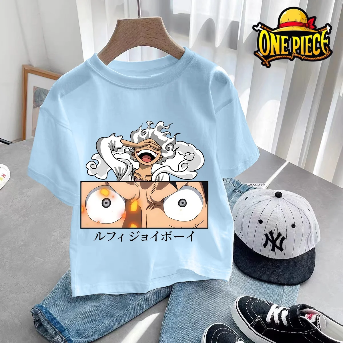 

2026 New Luffy Themed Summer Cotton Tshirt for Boys One Piece Cartoon Animation Short Sleeve Casual Tops Kids Clothing Gitf