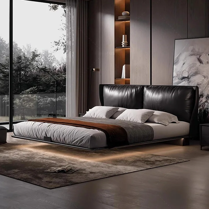 Leather suspension bed first layer cowhide Italian light luxury high box storage double bed 1.8m master bedroom big bed modern s