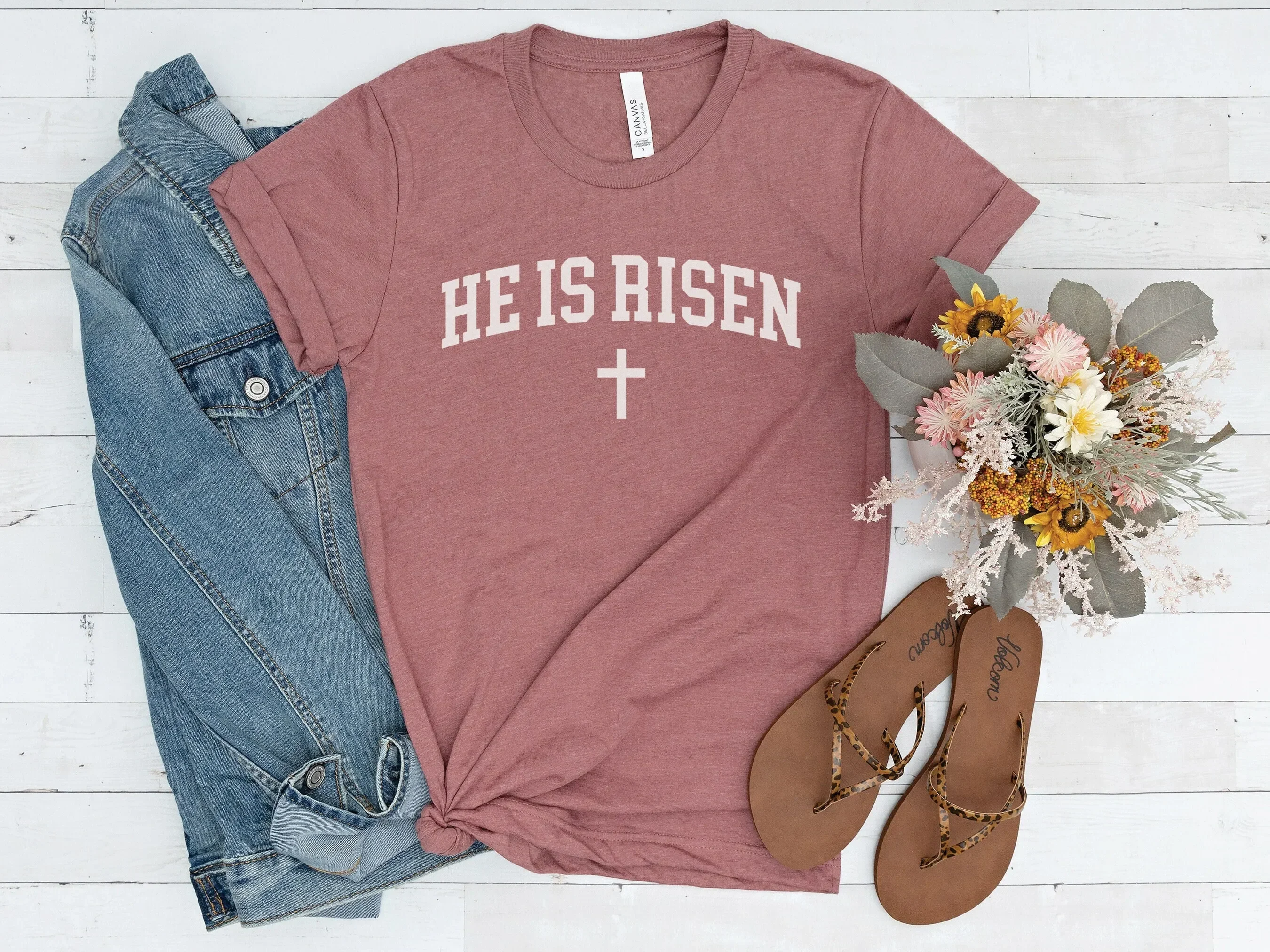 Christian Easter T Shirt He Is Risen Varsity Jesus Religious Day Bible Quote Faith