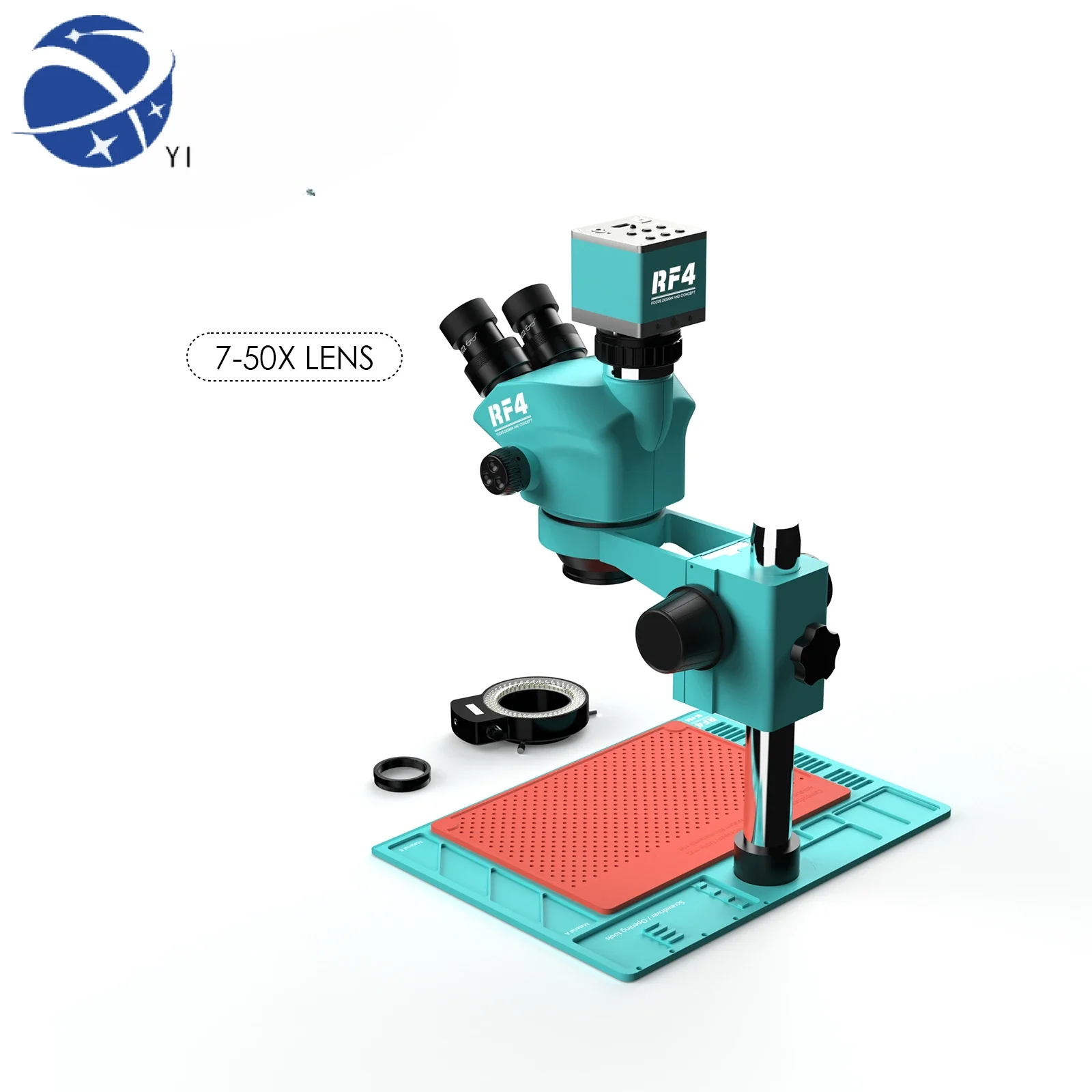 YYHCRF4 RF7050-PO4-4K 7-50X Trinocular Microscope 4K HD Camera With Alloy Maintenance Pad For Phone PCB Repair Soldering Welding