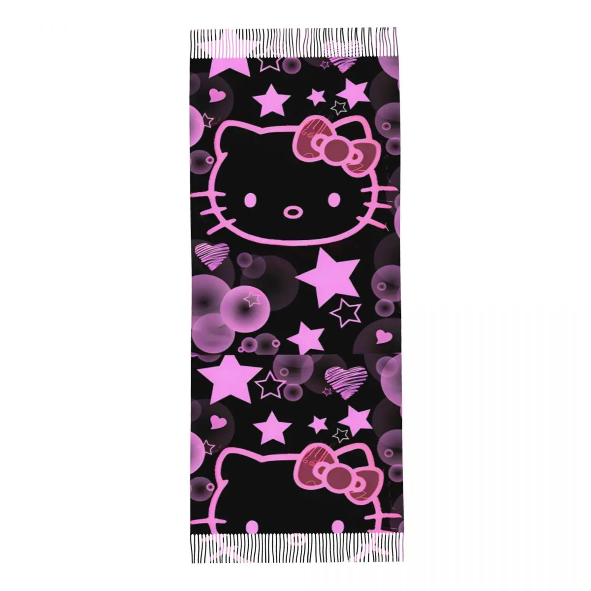 وشاح هالو كيتي الأسود Y2k للنساء لخريف وشتاء شال كشمير يلتف أوشحة كبيرة طويلة مع شرابة للارتداء اليومي