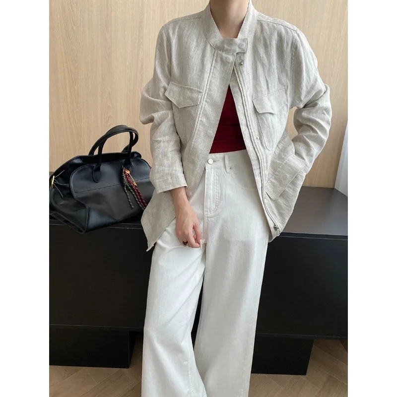 SuperAen Korean Design Three-dimensional Pocket Linen Stand-up Collar Loose Coat