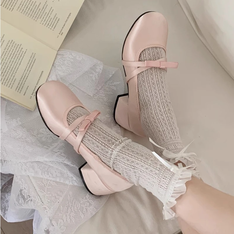 Women Chunky Heel Shoes New 2024 Fashion Bowknot Strap Mid Heels Women Mary Jane Shoes Dress Shallow Mouth Ladies Ballet Shoes