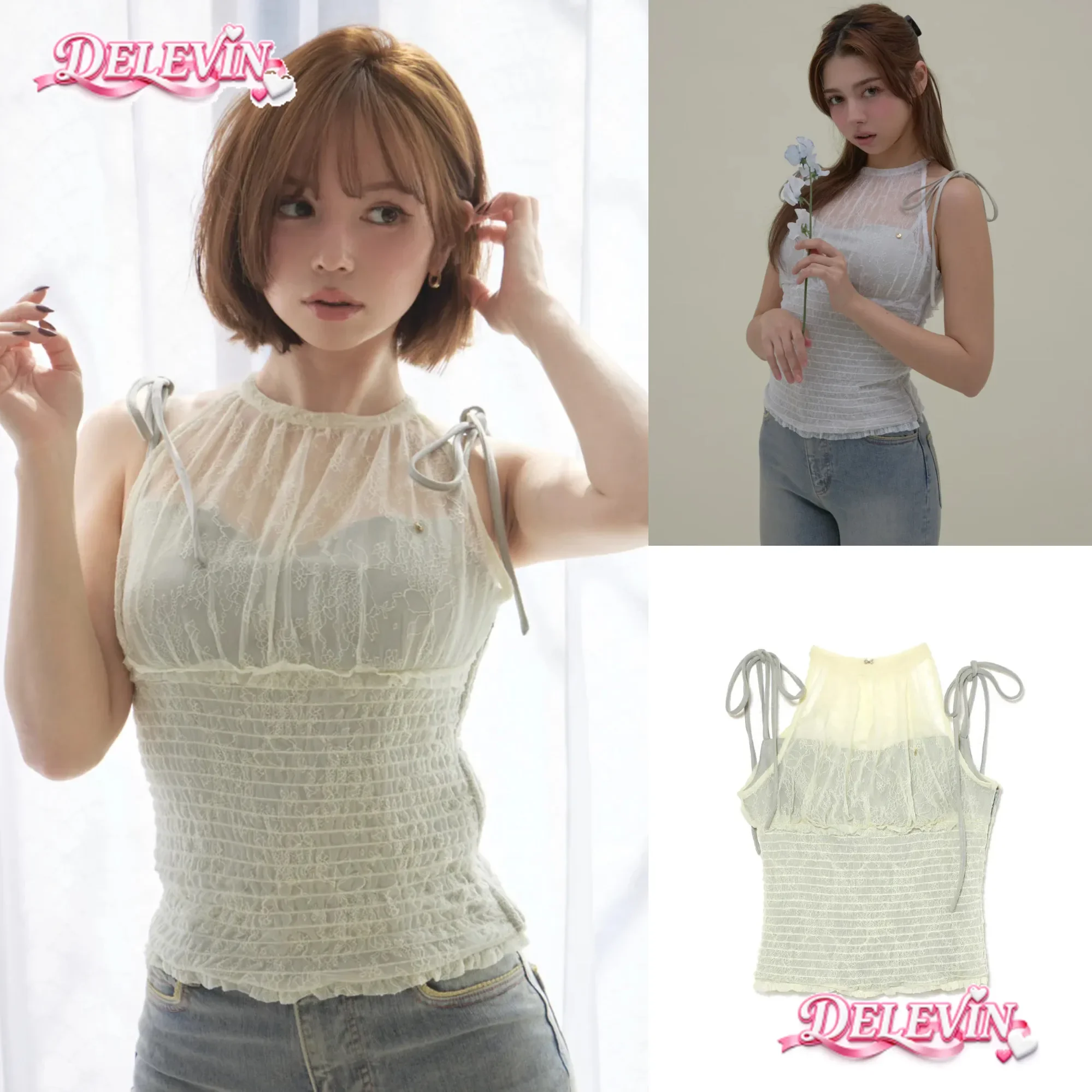 Japanese Style Vest Top Elegant Casual Lace Sleeveless Slim Suspender Tshirt Sweet 2026 Summer Daily Short Commuter Vest Top