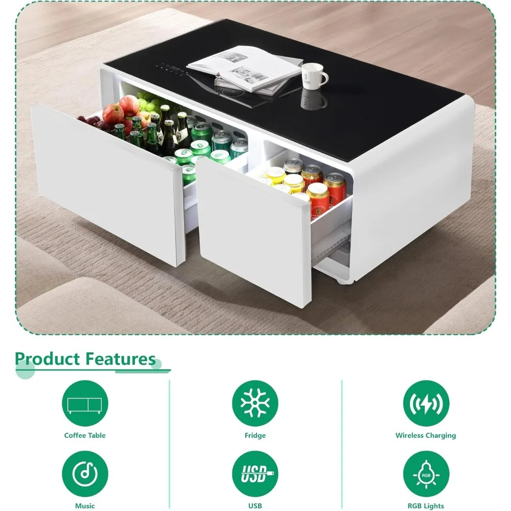 Modern Smart Coffee Table with Built-in Fridge Wireless Charging Module,Mechanical Temperature Control