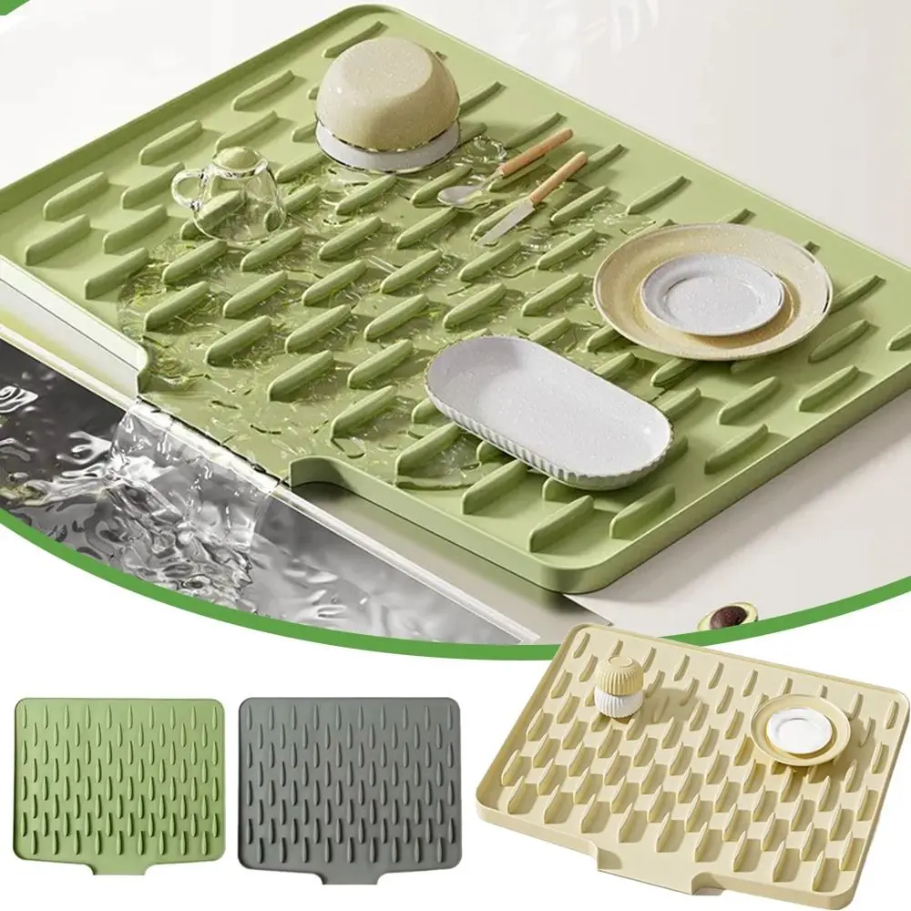 Built-in Drain Design Silicone Sink Mat Non-Slip Tilted Design Dish Drying Tray Prevents Water Build Up Fast Drainage