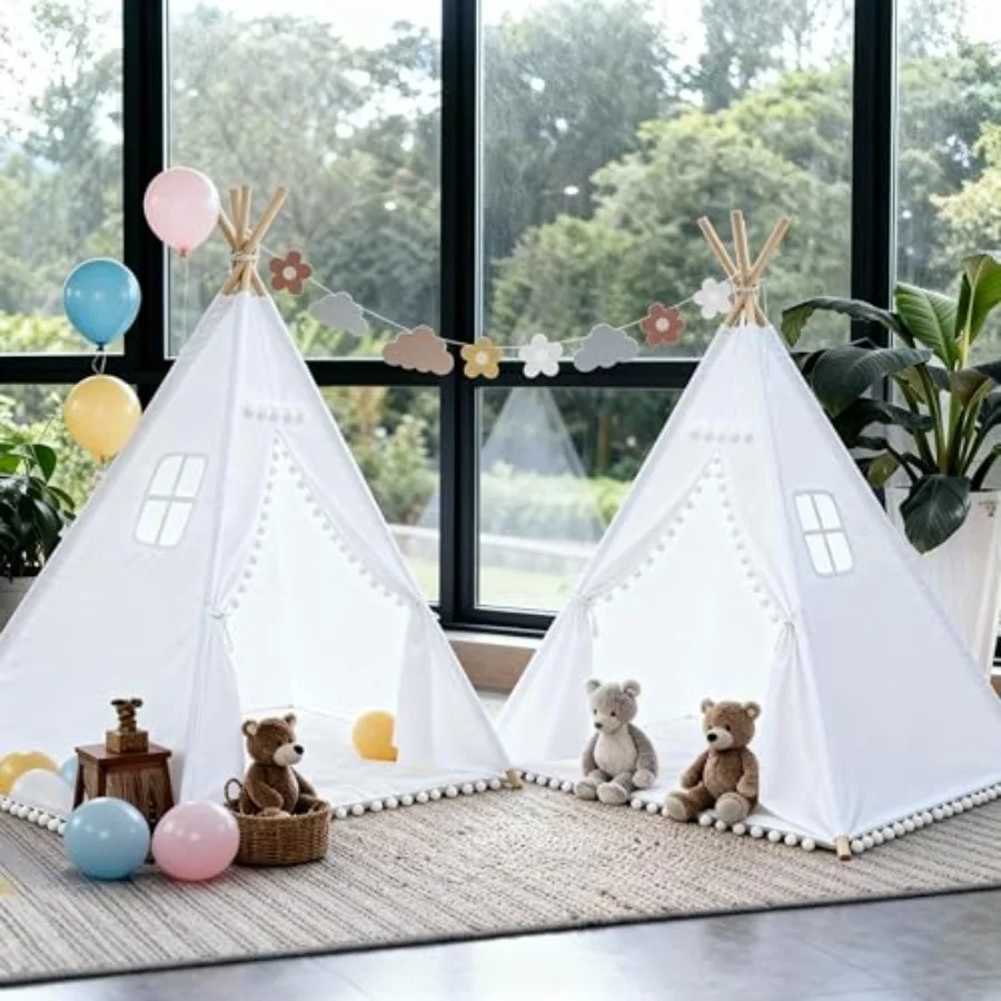 

Slumber party teepee tent for kids, cotton canvas playhouse in beige with pompom trim and LED lights