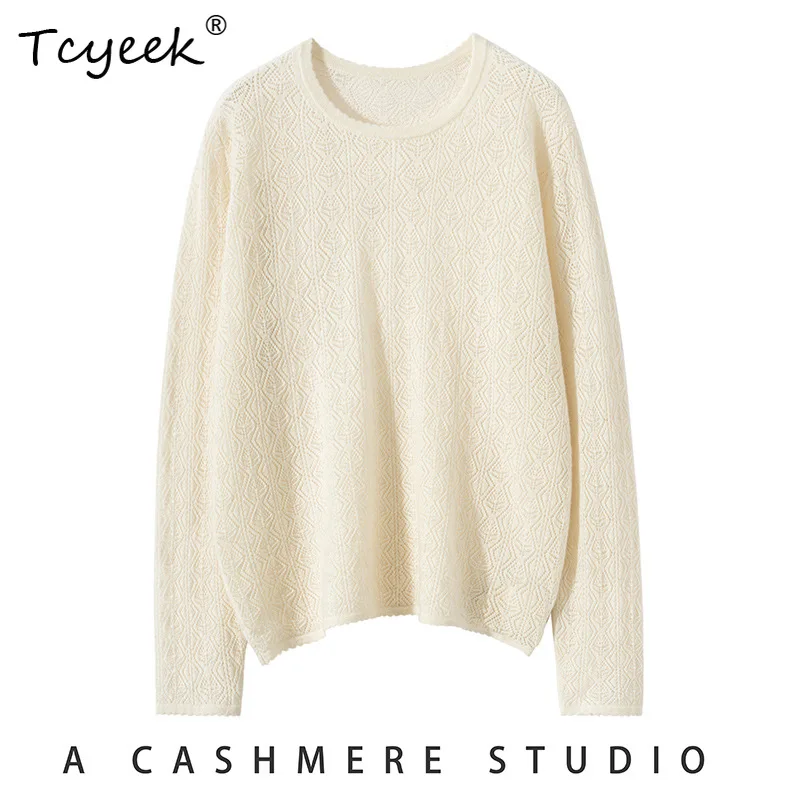 

Tcyeek, 100%Pure Cashmere Elegant Sweaters, Women O-neck Hollow Out, Commute OL Basics Sweater, 2024 Fall Winter Top T48474QM