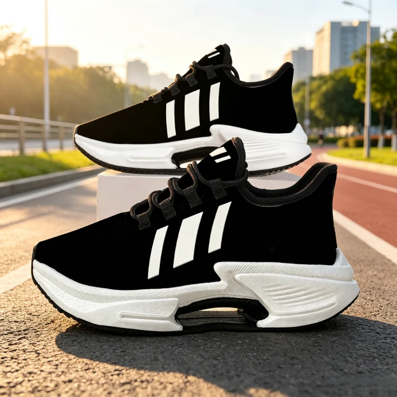 Men Women Sneakers, White Three‑Stripe Graphic, Sporty Outdoor Style, Hollow‑Sole Breathable Shock‑Absorbing Running Shoes