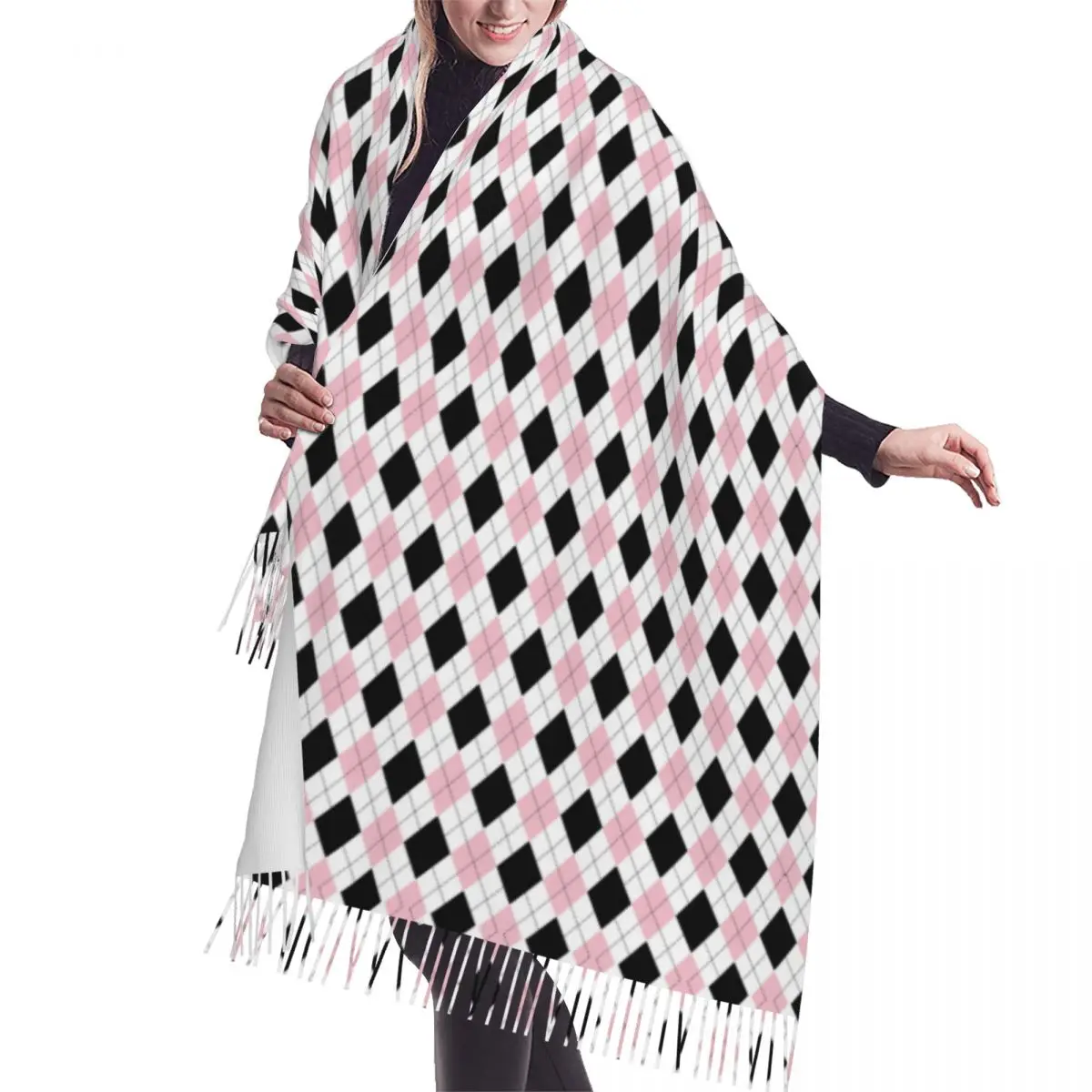 

Personalized Print Pink And White Argyle Pattern Scarf Men Women Winter Fall Warm Scarves Shawls Wraps