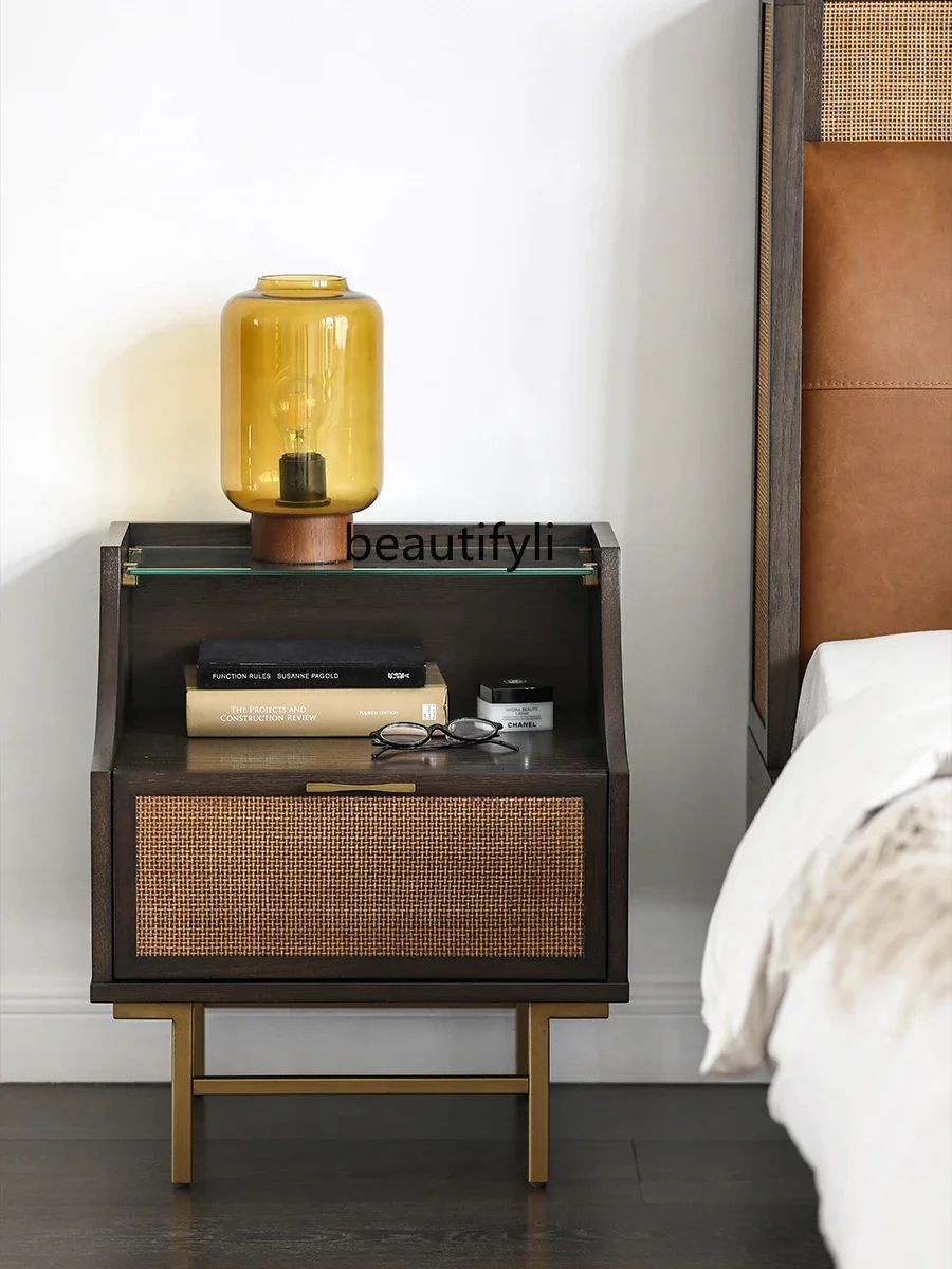 Modern Minimalist Designer Model Nordic Mid-Ancient Retro Silent Style Solid Wood Rattan Drawer Bedside Table
