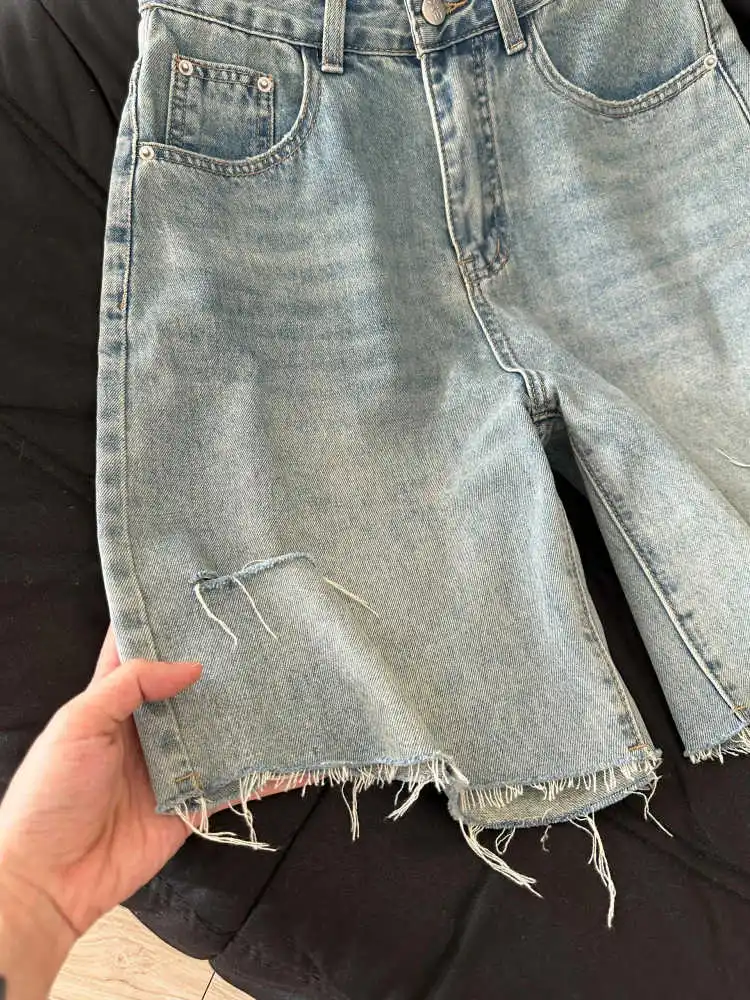 Summer Women Denim Shorts High Waisted Zipper Ripped Knee-length Jeans American Casual Fashion Retro Female shorts