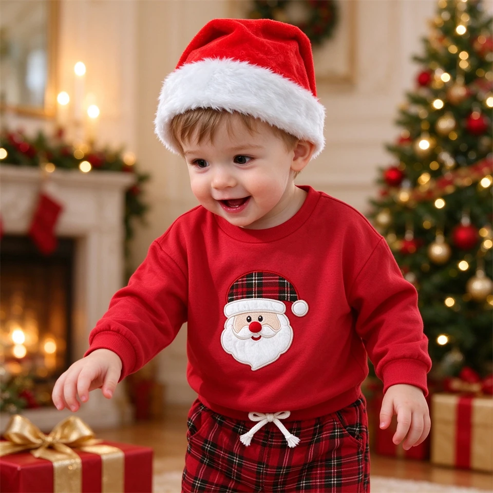 Baby Christmas Outfit Toddler Boys Girls 2 Piece Santa Claus Sweatshirt Red Plaid Pants Xmas Party Infant Winter Warm Clothes