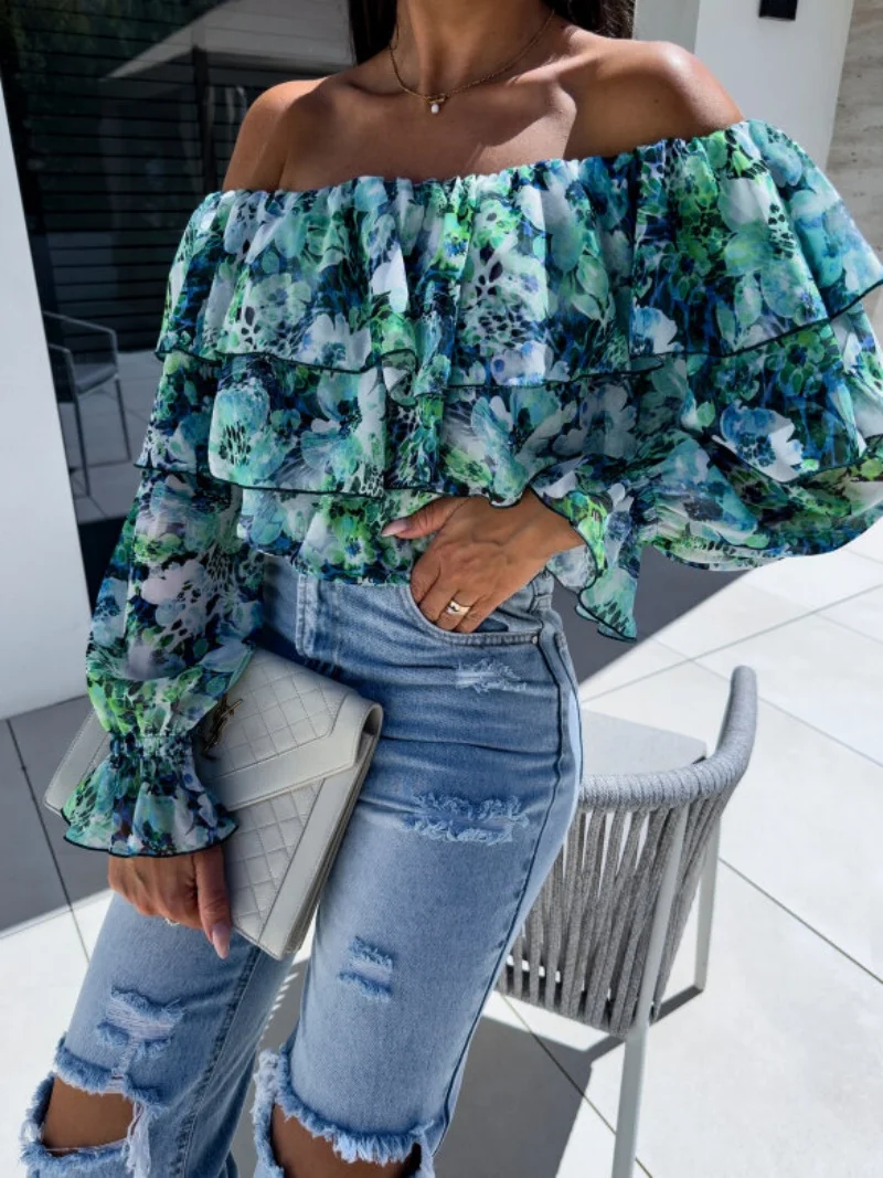 Alternative view of Blusa de Mujer con Hombros Descubiertos, Estampado Floral, Volantes en Capas y Mangas Largas con Volantes para Fiestas de Verano