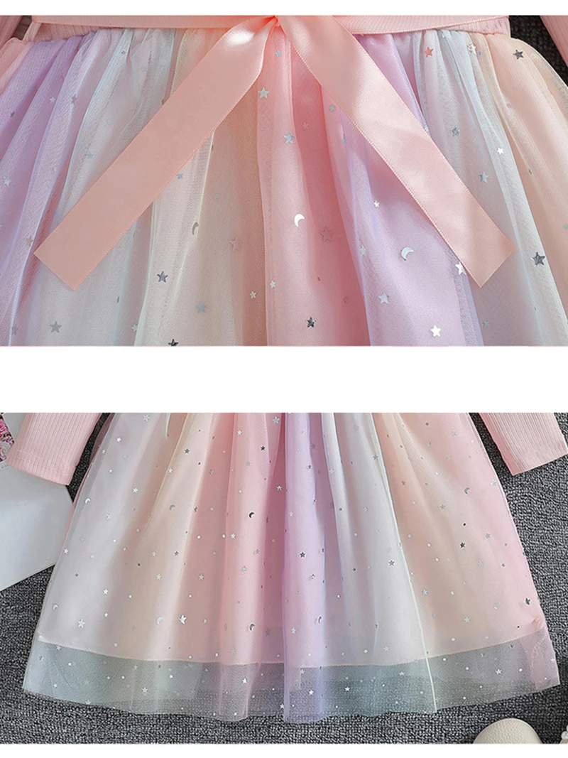 Girl\'s Long Sleeved Bow Dress 2-6Y Fashion Thin Children\'s Starry Sky Sequin Mesh Dress Spring Autumn Kid\'s Clothing