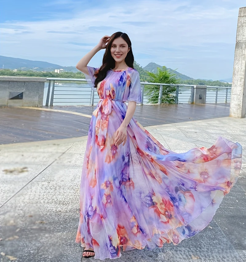 Plus Size Bohemian Beach Sundress Flying Clothing Chiffon Loose  Elegant Vestido Robes Lady Holidays Prom Long Dress Belt Which