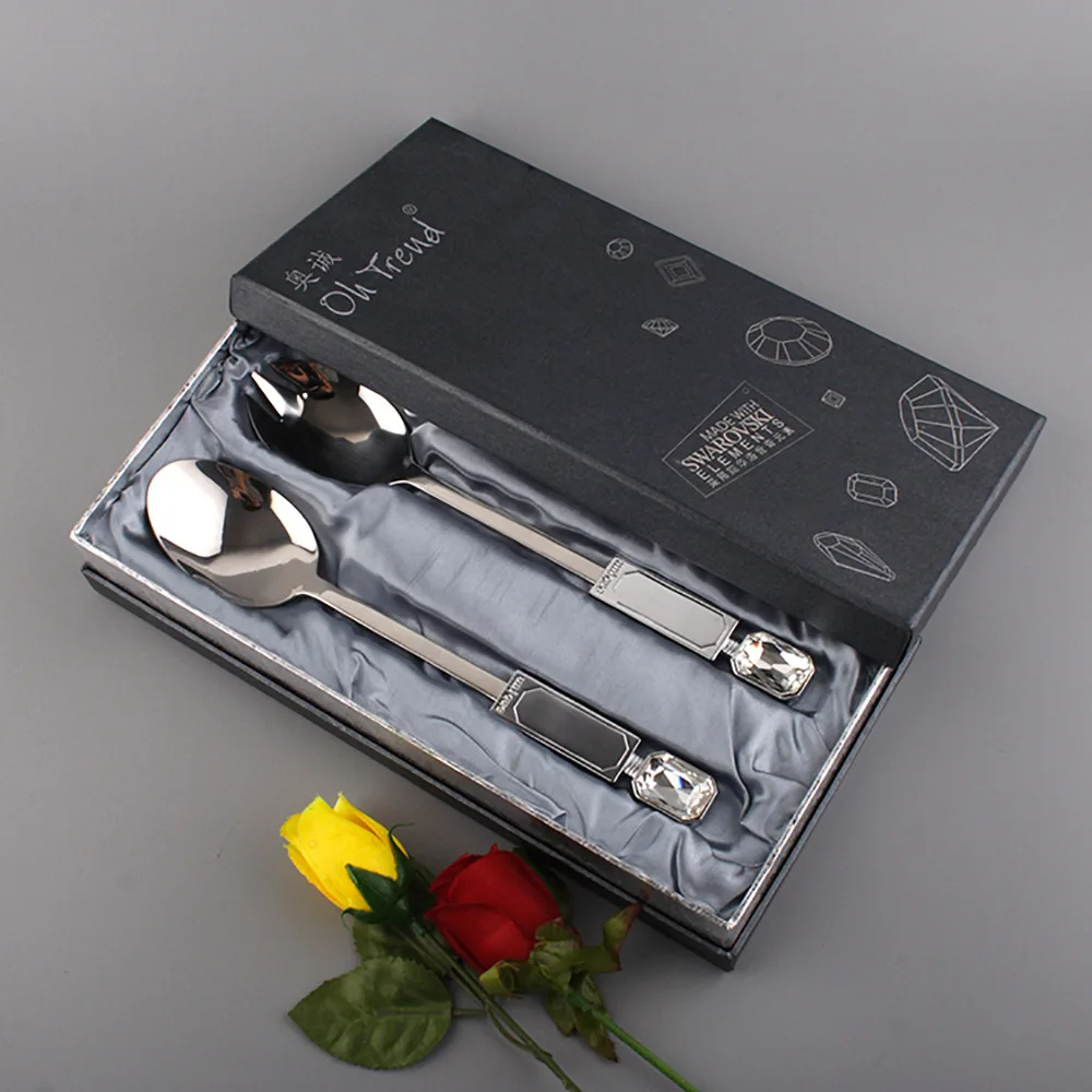 2PCS Stainless Steel Salad Fork Spoon Set Crystal Finish Nordic Dining Utensils Coffee Fork Watermelon Fruit Spoon Flatware Sets