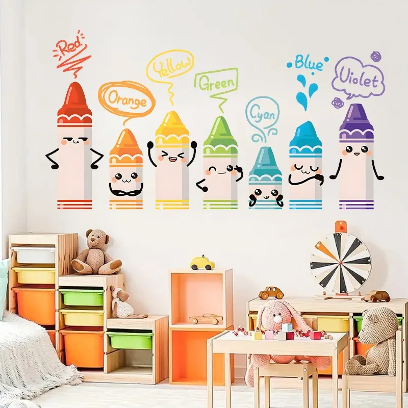 Cartoon Cute Colorful Crayon Self Adhesive Wall Stickers, INS Style Removable Waterproof DIY Decals For Kids Room Kindergarten