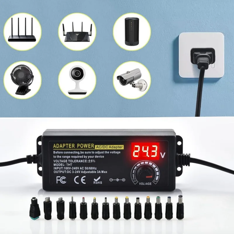 3V‑24V 3A Adjustable AC‑DC Power Supply Variable Lab Bench Power Adapter, US/EU Plug Universal Charger With Alligator Clips For