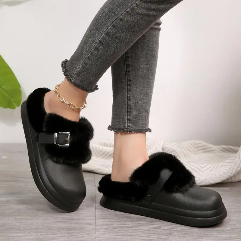 Wasserdichte EVA-Hausschuhe mit dicker Sohle und Fellbesatz für Damen, Winter 2026, mit Metallschnalle, flauschige Fell-Clogs, warme Plüsch-Hausschuhe für Frauen – Detail 21