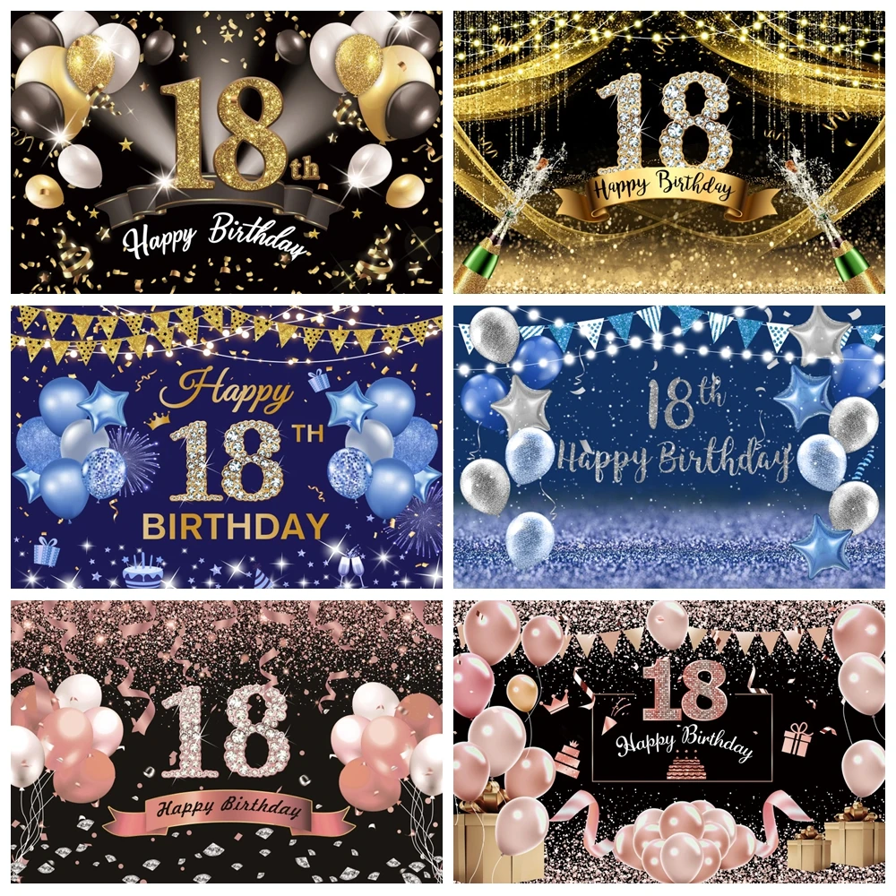 

18th Happy Birthday Photography Backdrop Gold Pink Glitter Balloon Boys Girl 18 Years Old Birthday Party Background Photo Studio