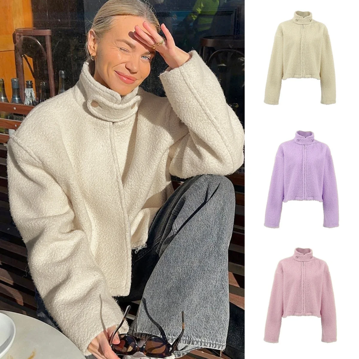 

Новая осенне-зимняя куртка из овечьей шерсти в Европе, Америке, 2025 г., короткая повседневная свободная универсальная женская одежда с небольшим воротником-стойкой