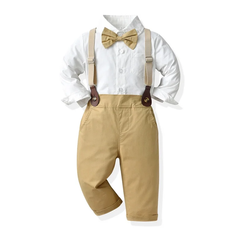 Khaki Boys Gentlemen Suit Wedding Birthday Party Ring Bearer Outfit Fashion White Shirt Suspender Pants Boys Boss Baby Outfit