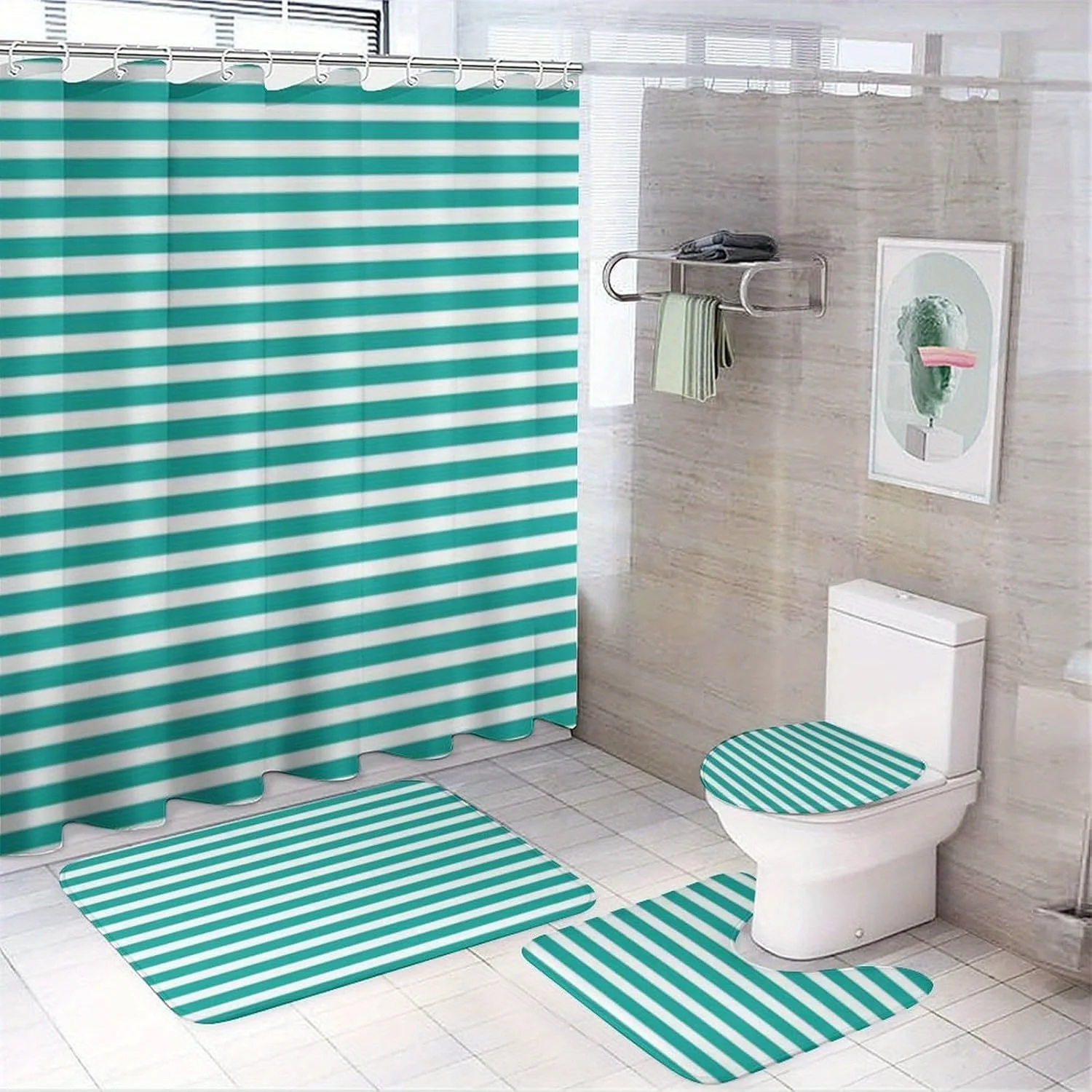 

1/4" Green and White Striped Bath Curtain Set with 12 Hooks, Non-Slip Bathroom Mat, Toilet U-Shaped Mat, Polyester Woven Design