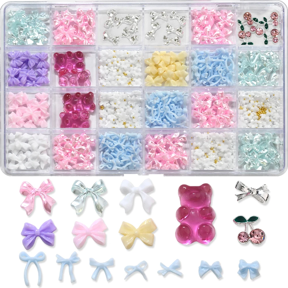 24Grids Macaron Colors Resin Bow Nail Charms Gummy Bears Zircon Cherry Nail Decorations Sweet Ribbon Bow Women DIY Manicure Part