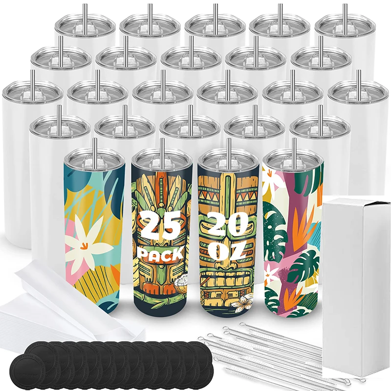 25 Pack 20 oz Sublimation Blank Straight Cup With Shrink Wrap Film Water Bottle Stainless Steel Thermos Bottle Vacuum Flasks