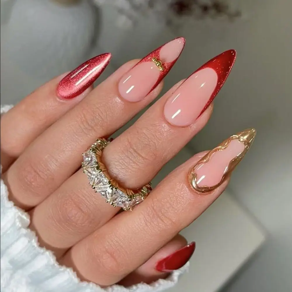 24pcs Manicure Long Almond False Nails French White Edge Press on Nails Detachable Aurora Flower Fake Nails DIY