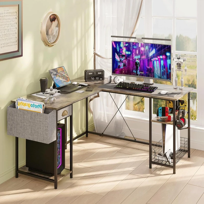 Household Double Computer Desk Large Capacity Corner Storage Rack Office Iron Wood Desk with Drawer Desk