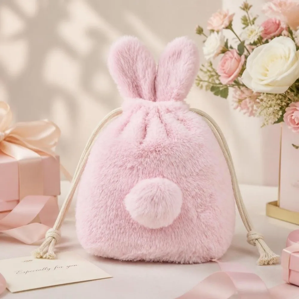 Fluffy Style Drawstring Storage Bag Multi-Functional Cartoon Design Bunny Plush Pouch Tail-Like Tassel Large Capacity Makeup Bag