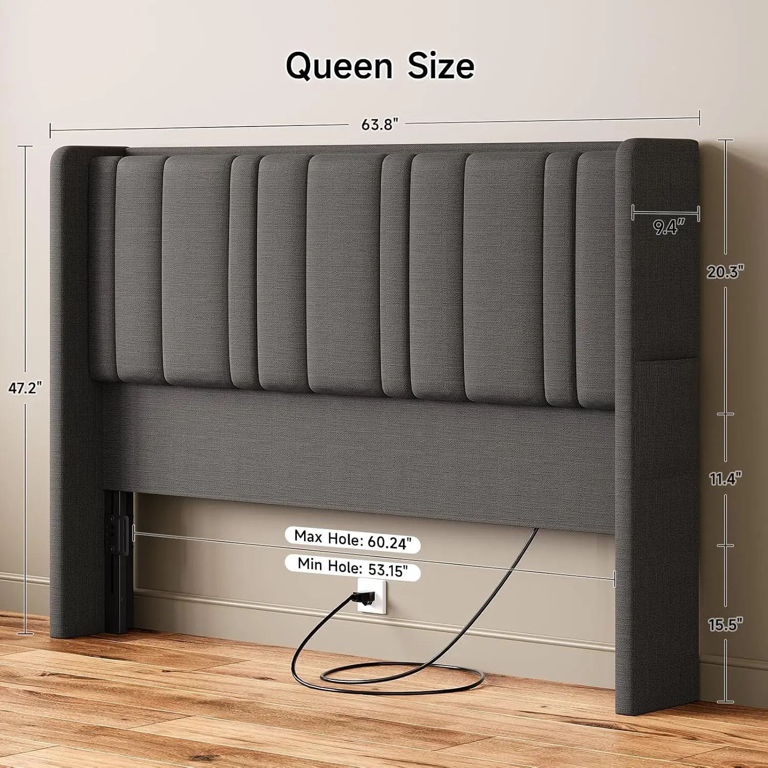 Linen Wingback Headboard with LED Light, USB & Type C Port, 2 Outlets, Storage Pockets, High-Density Foam, Dark Grey, Customized