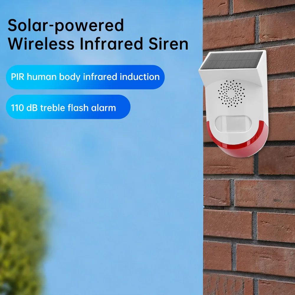 

Outdoor Solar PIR Infrared Alarm Smart WiFi 120dB Loud Siren 433MHz Anti-theft Flash Sensor Adjustable Sensing Distanc