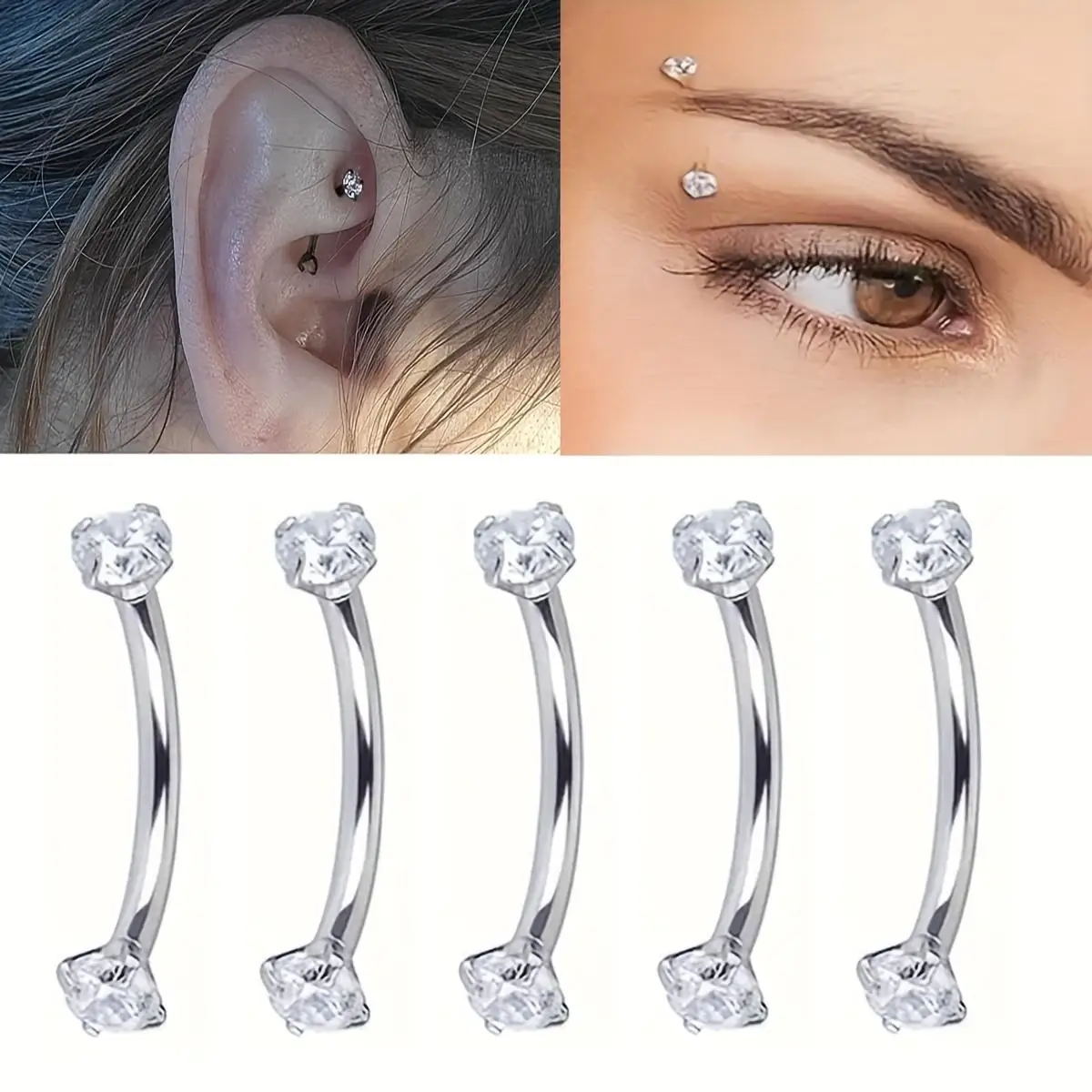 5pcs 16G Stainless Steel Eyebrow Ring Curved Barbell Piercing Labret Lip Ring for Ear Lobe Tragus Helix Rook Bridge Body Jewelry