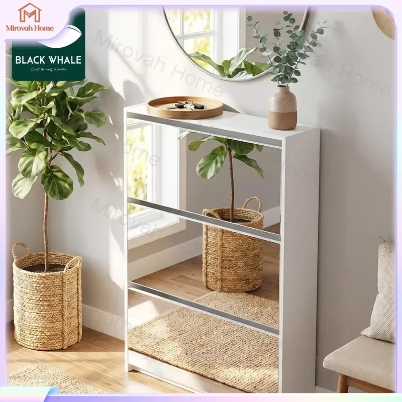 For Ultra Thin Shoe Cabinet With Mirror Tipping Bucket Storage Rack Wall Mounted Entrance Hallway Organizer Modern Home