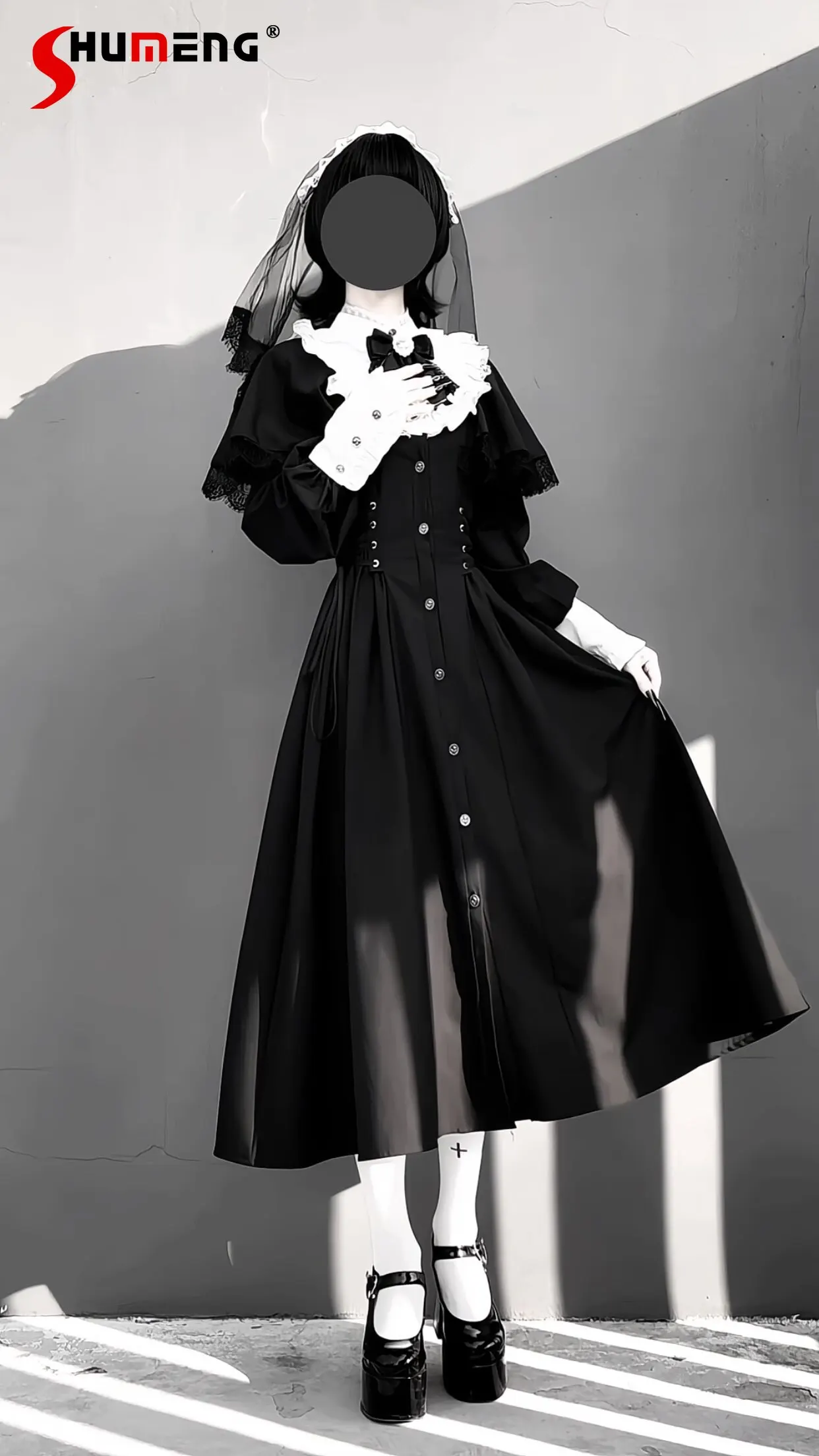 

Оригинальное японское готическое платье массового производства с кружевным воротником-стойкой, длинными рукавами, завышенной талией и А-образным силуэтом для женщин