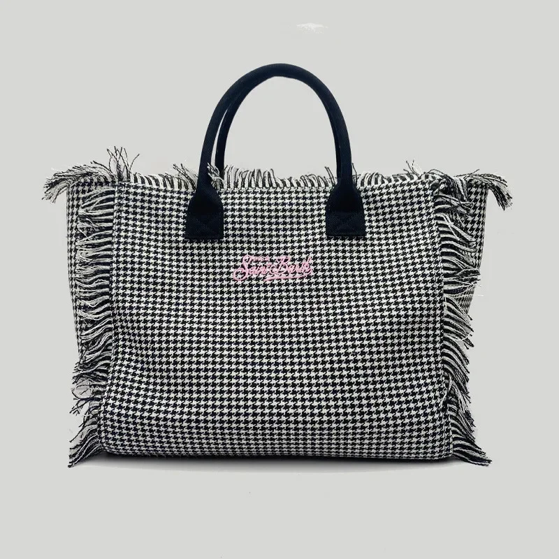 New Women\'s Large Capacity Casual Travel Beach Thousand Bird Plaid Checkered Brand Design Handmade Tassel Handbag