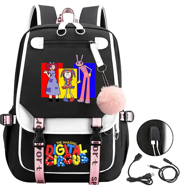 Pomni-A incrível Circo Digital USB Carregamento Mochilas, Sacos De Escola Dos Desenhos Animados, Mochila Estudante, Saco Do Portátil Adolescente, Moda Meninas