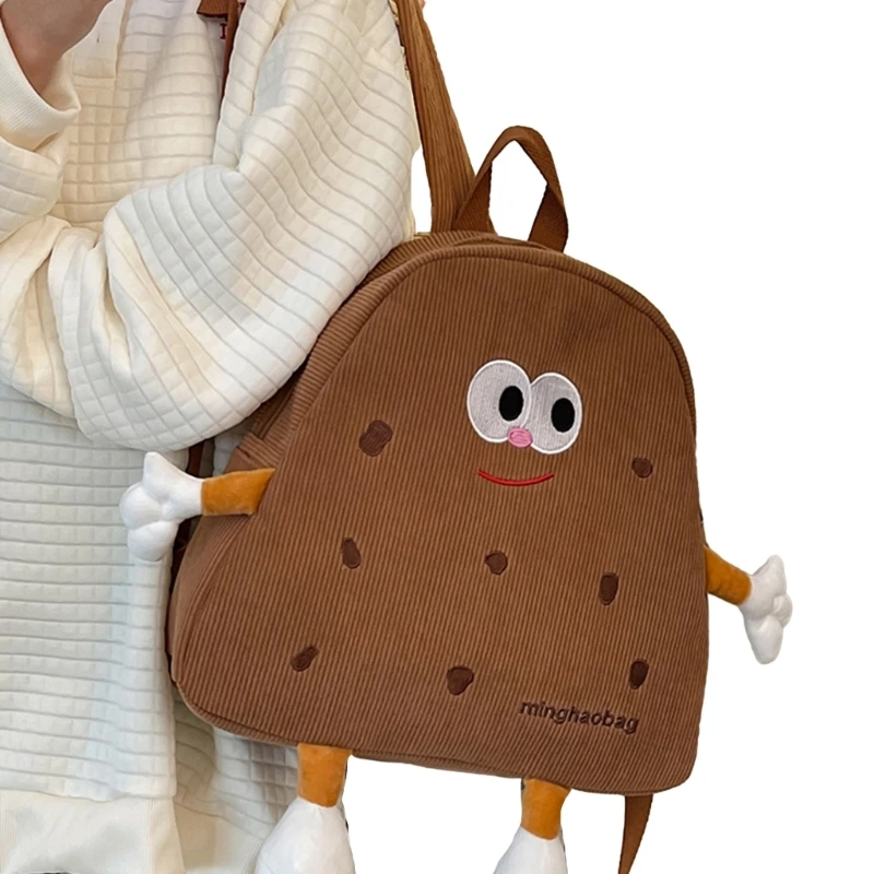 Mochila fofa veludo cotelê para meninas, bolsa escolar desenho animado, bolsa elegante e engraçada