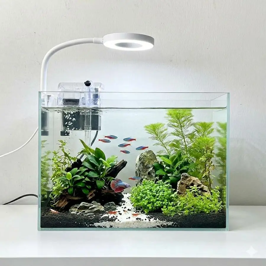

Аквариумный набор 2,2 галлона, безрамочный стеклянный аквариум для рыбок Бетта с фильтром и LED-подсветкой, 12 x 6 x 8, небольшой настольный аквариум для дома.