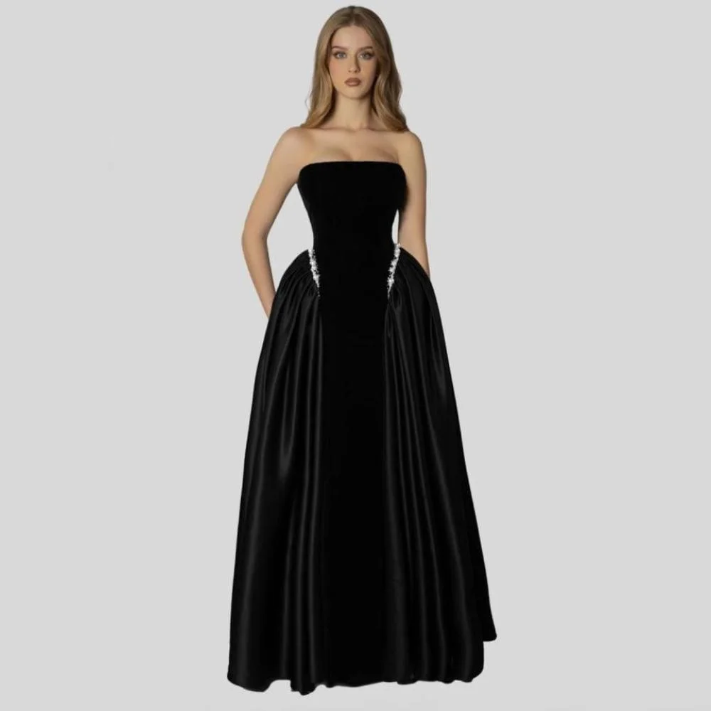 

Customized Black Evening Dresses Elegant A-line Strapless Ball Gowns Beadings Satin Backless Women's Party Dresses 2025