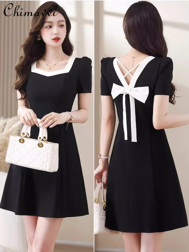 

French Elegant Commuter Office Lady Dress Square Neck Short Sleeve Backless Bow High Waist Slim A-line Black Dress Women Summer