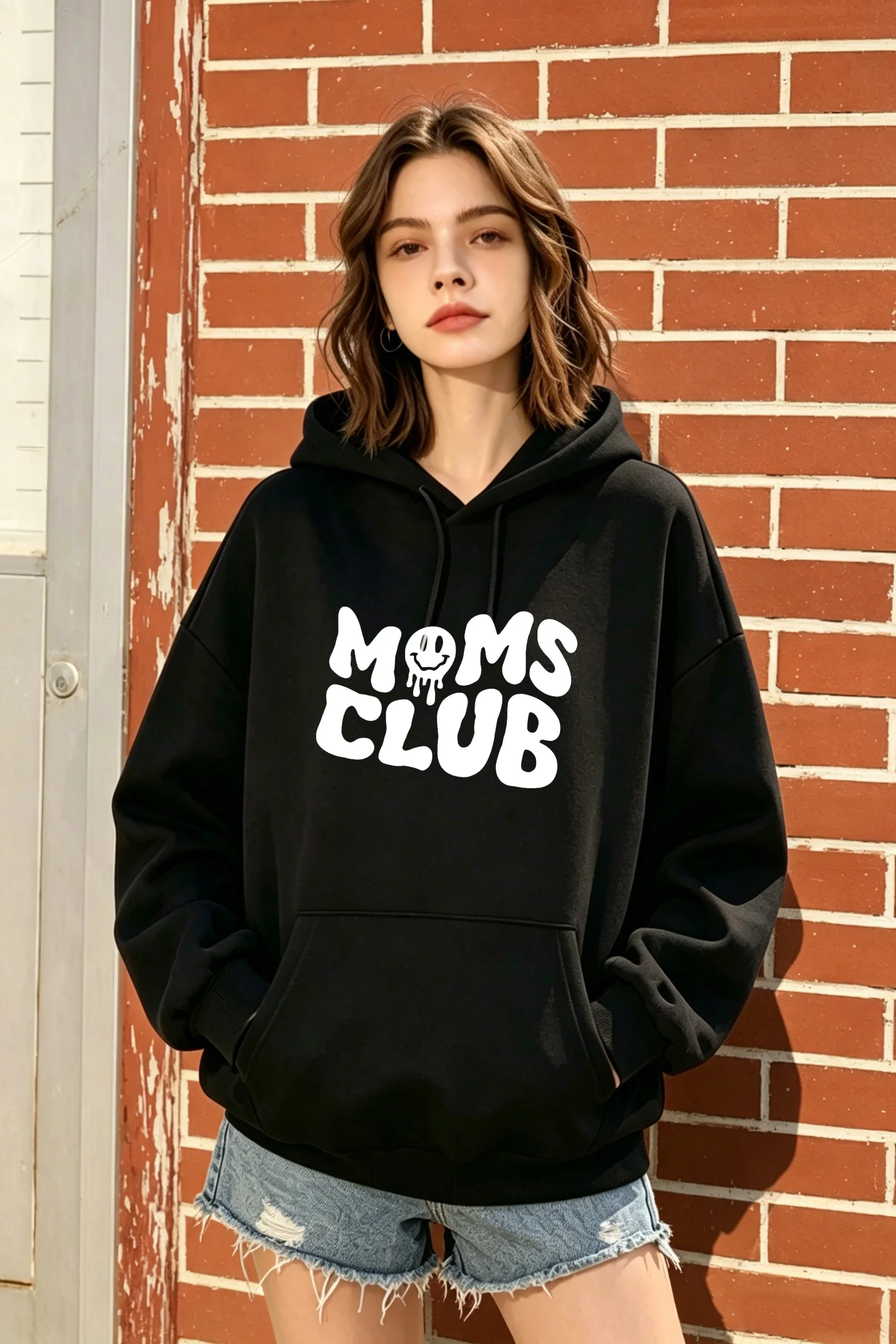 

Women's Autumn/Winter Black Oversized Hoodie, Fun Smiley Face & Letter Pattern, Fashionable & Versatile Casual Style
