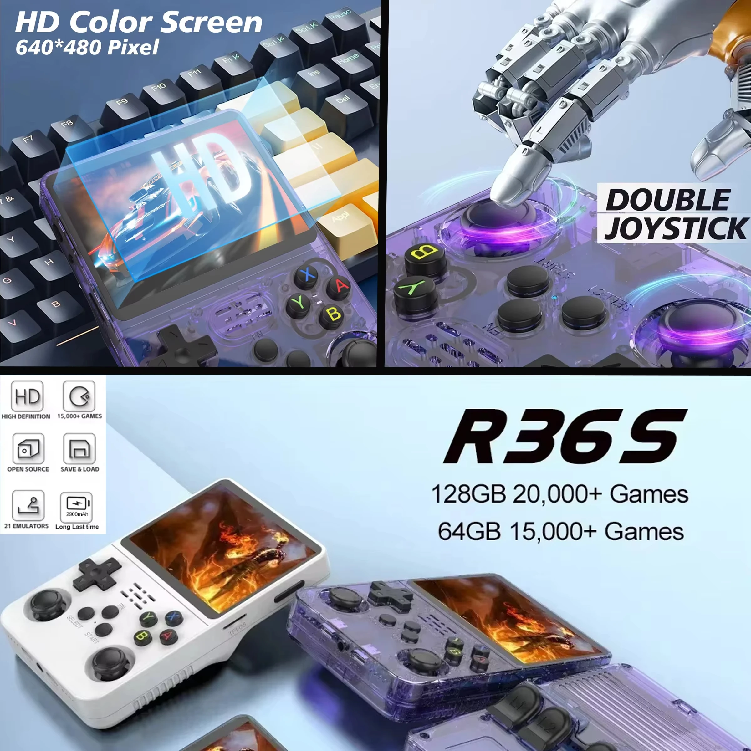 R36S ريترو وحدة تحكم بجهاز لعب محمول 64G128G Linux OS مشغلات فيديو محمولة 3.5 بوصة IPS شاشة 20000 + ألعاب كلاسيكية جيب مدمج