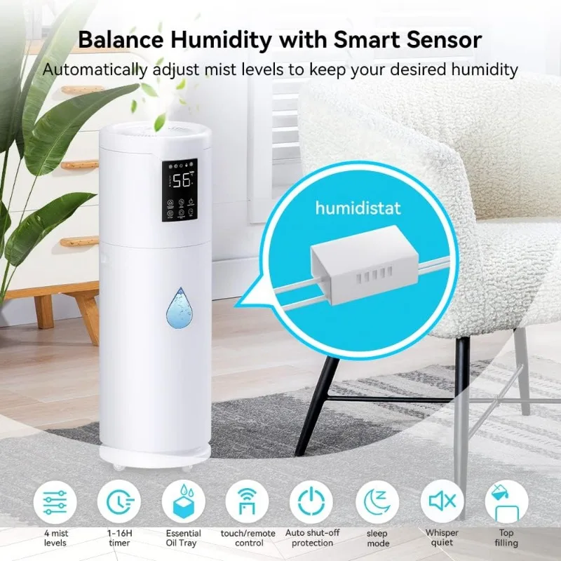 Humidifier untuk kamar tidur besar, rumah, kamar tidur 2000 sq.ft.17L/4.5Gal pelembab udara besar dengan tabung ekstensi & 4 kabut kecepatan dengan nozel 360 °